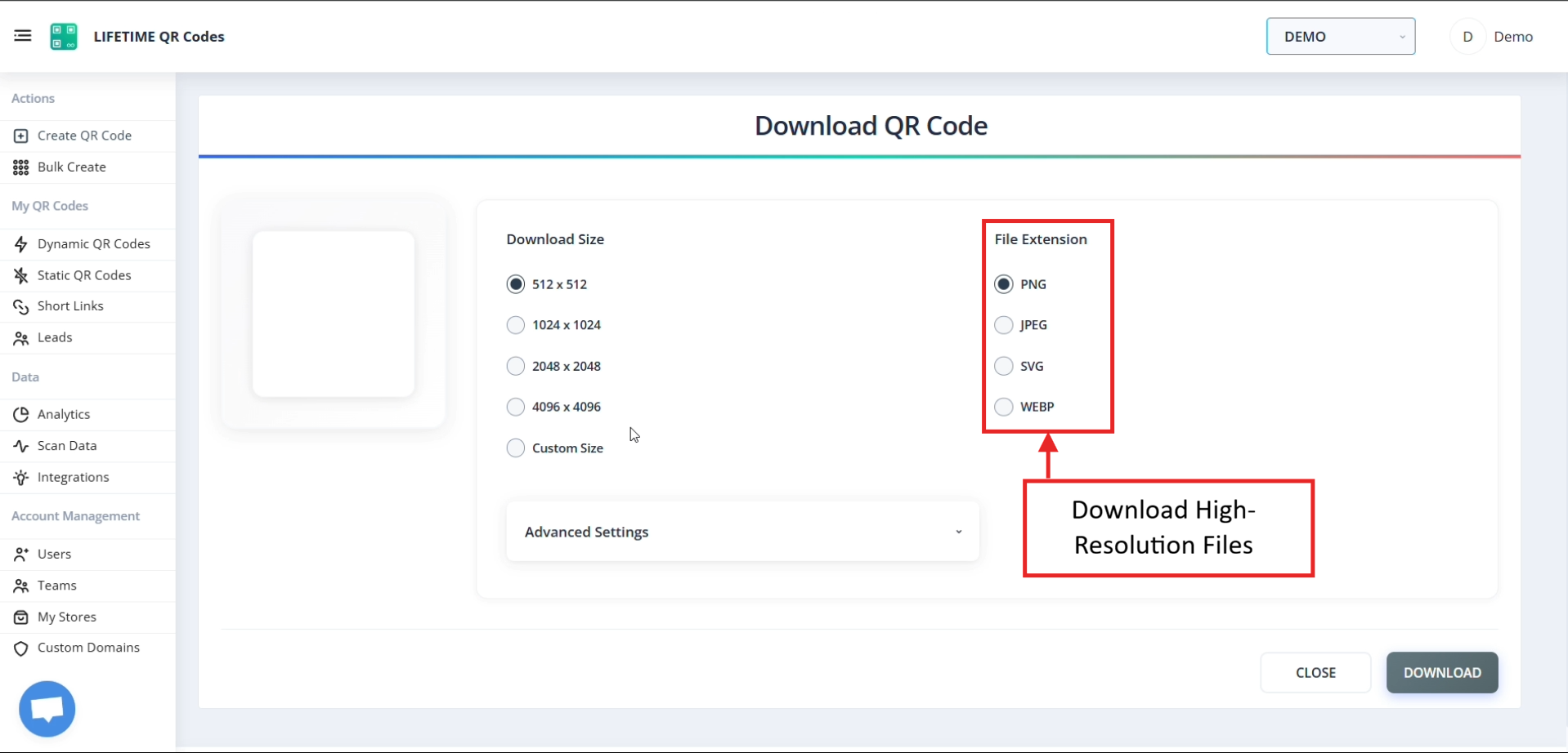 Screenshot of Download High-Resolution Files flow